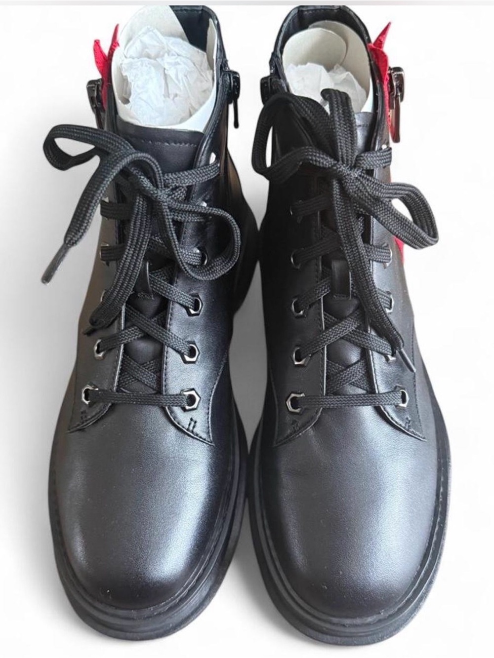 Paolo Bolton-L black nappa calf leather combat boots, women’s size 9.5 M.